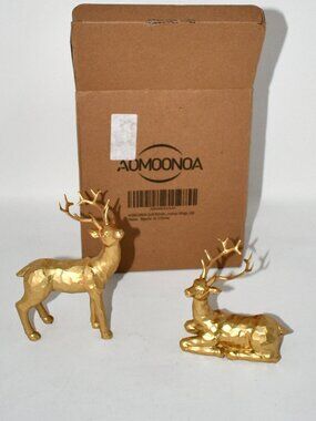 AOMOONOA Gold Reindeer Christmas Decoration, 2-Piece Tabletop Figurines – Resin